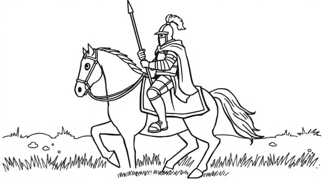 Kleurplaat van een ridder te paard met helm, cape en speer, omringd door gras en struiken.