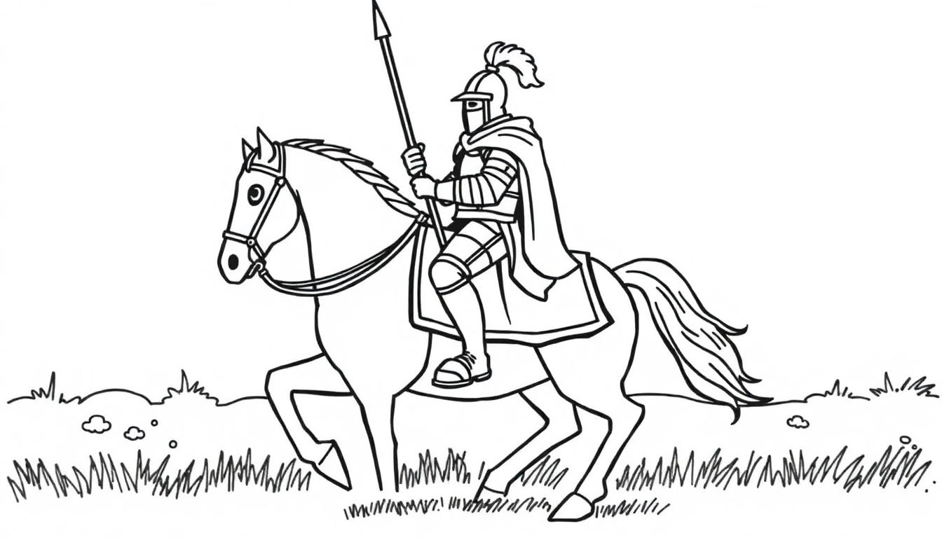 Kleurplaat van een ridder te paard met helm, cape en speer, omringd door gras en struiken.