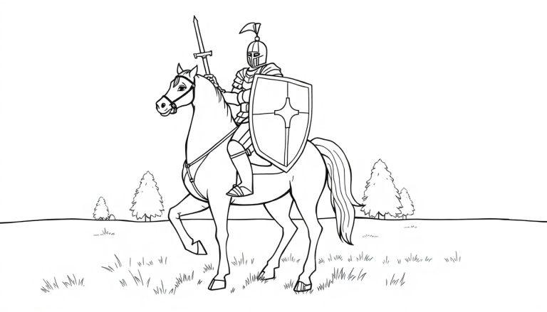 Kleurplaat van een ridder op een paard met zwaard en schild, met bomen op de achtergrond