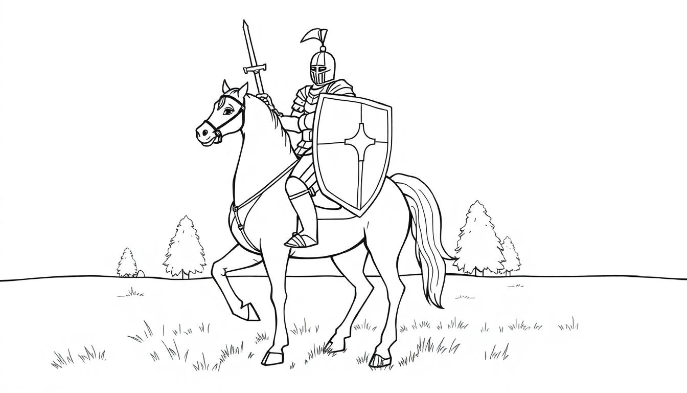 Kleurplaat van een ridder op een paard met zwaard en schild, met bomen op de achtergrond