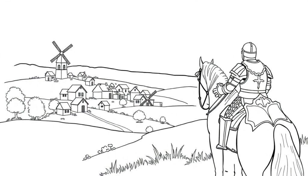 Kleurplaat van een middeleeuwse ridder op een paard die uitkijkt over een dorp met een windmolen en heuvels.