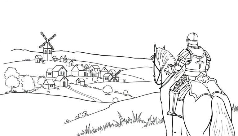 Kleurplaat van een middeleeuwse ridder op een paard die uitkijkt over een dorp met een windmolen en heuvels.