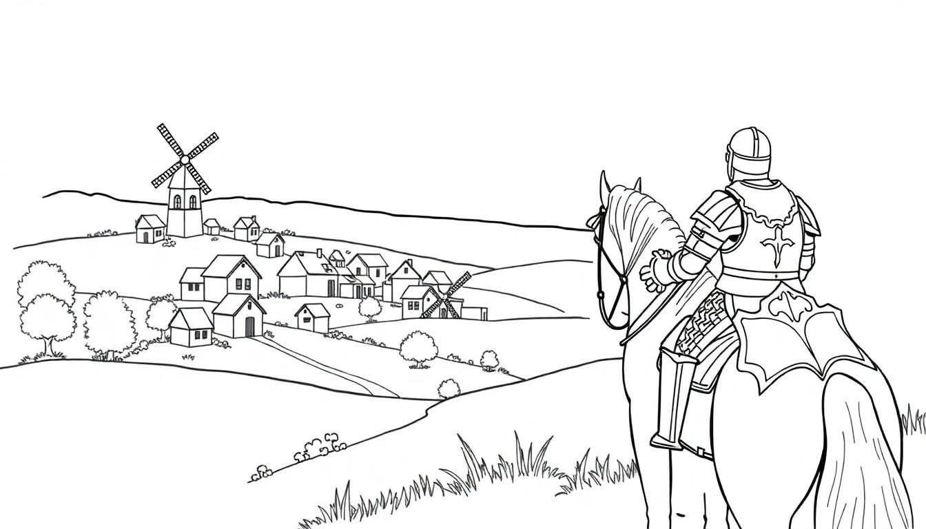 Kleurplaat van een middeleeuwse ridder op een paard die uitkijkt over een dorp met een windmolen en heuvels.