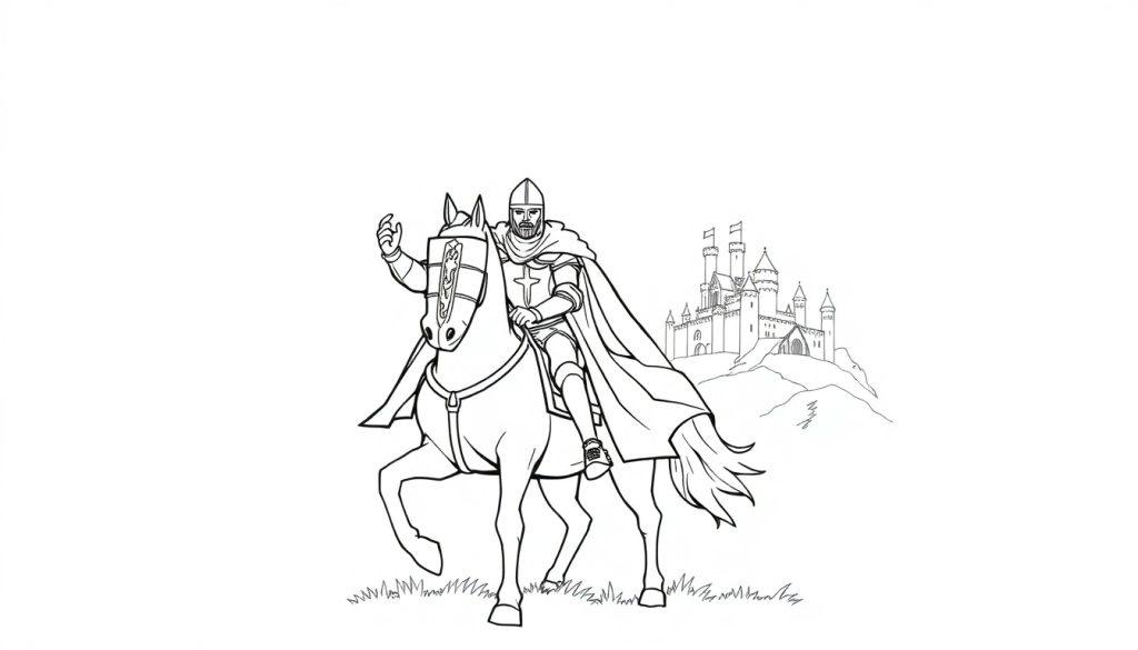 Een kleurplaat van een ridder op een paard met een kasteel op de achtergrond