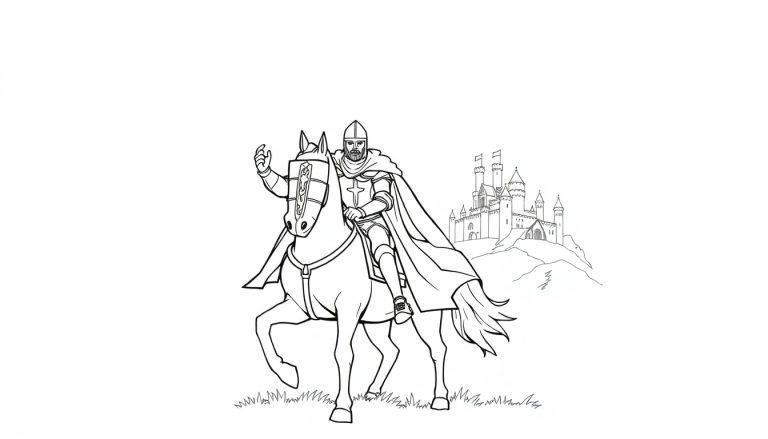 Een kleurplaat van een ridder op een paard met een kasteel op de achtergrond