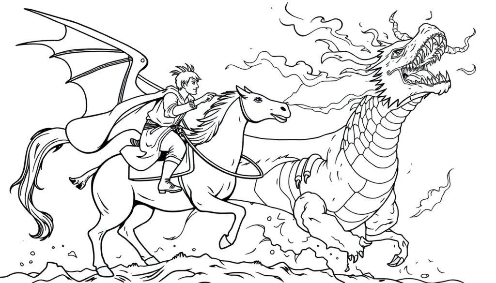 Kinderkleurplaat van een ridder op een paard die vecht tegen een grote draken. De ridder draagt een cape en de draak spuwt vuur. De tekening is een leuke kleurplaat voor kinderen.