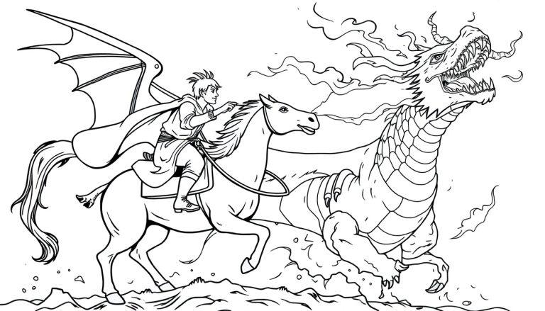 Kinderkleurplaat van een ridder op een paard die vecht tegen een grote draken. De ridder draagt een cape en de draak spuwt vuur. De tekening is een leuke kleurplaat voor kinderen.