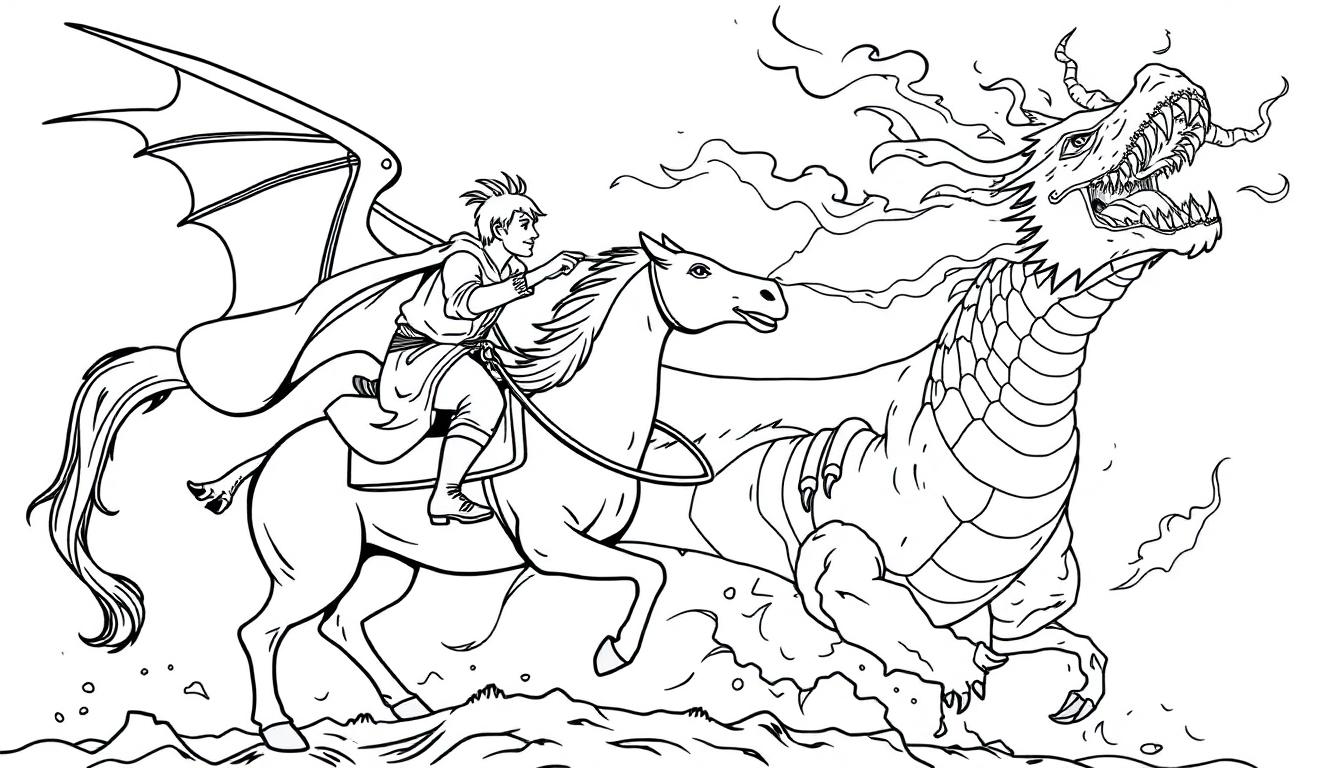 Kinderkleurplaat van een ridder op een paard die vecht tegen een grote draken. De ridder draagt een cape en de draak spuwt vuur. De tekening is een leuke kleurplaat voor kinderen.