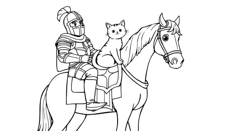 Lijntekening van een ridder op een paard, met een schattige kat voorop het zadel. Perfect als kleurplaat.