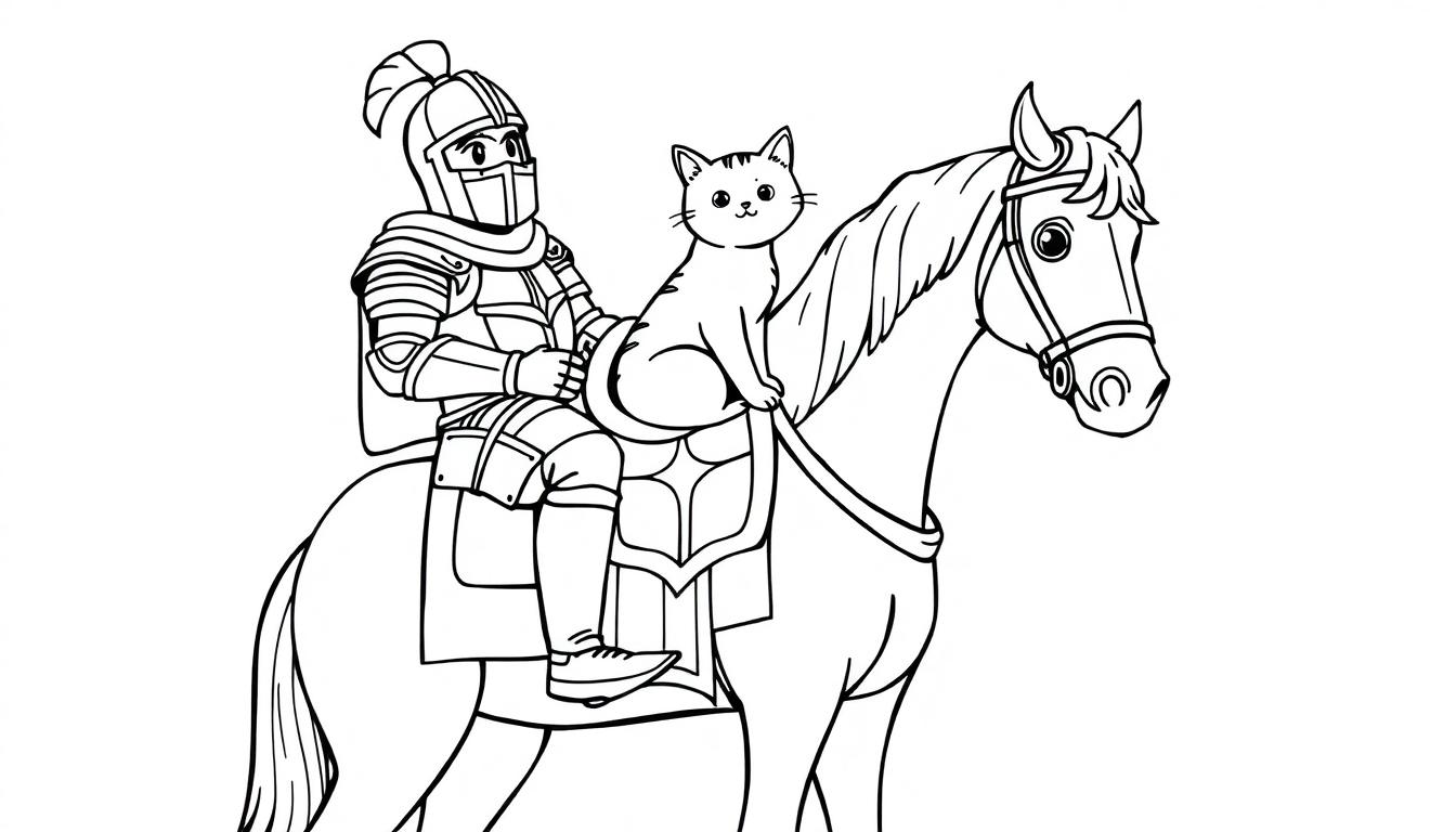 Lijntekening van een ridder op een paard, met een schattige kat voorop het zadel. Perfect als kleurplaat.