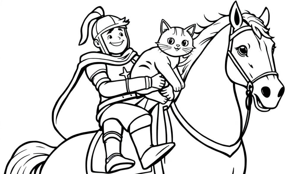 Kleurplaat van een vrolijke ridder met een kat op een rustig paard.
