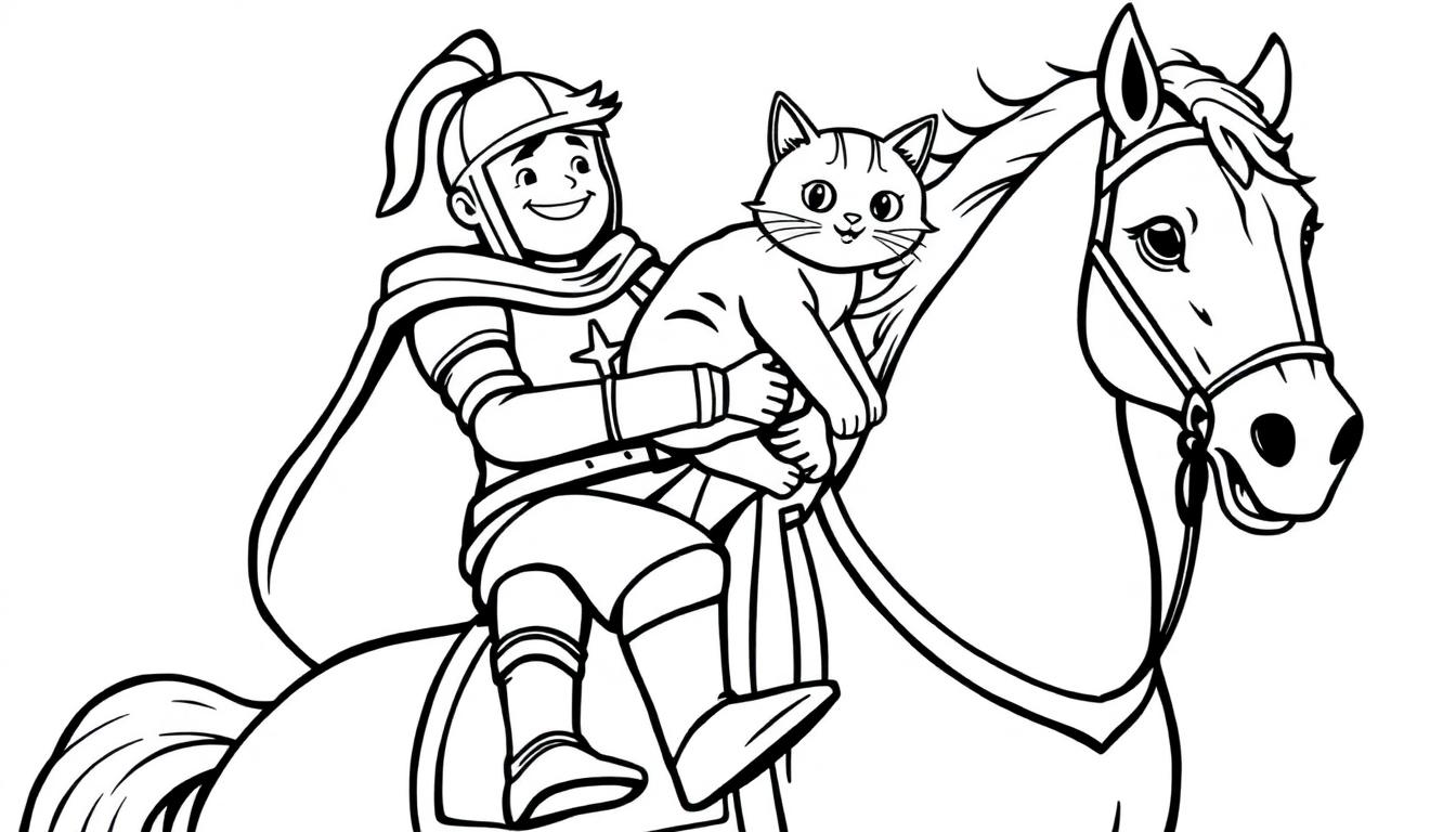 Kleurplaat van een vrolijke ridder met een kat op een rustig paard.