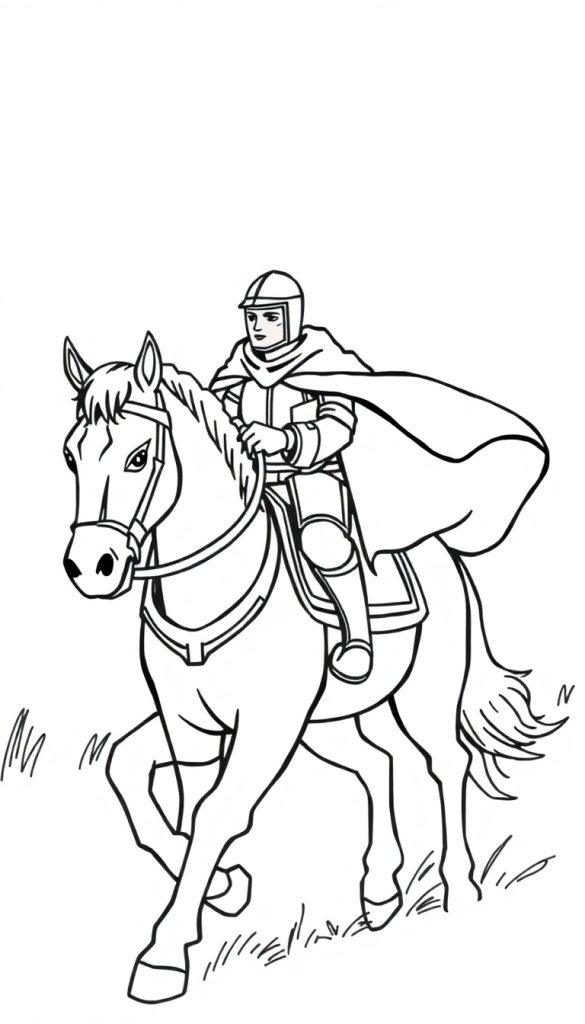 Kleurplaat van een ridder en een kat samen op een paard.