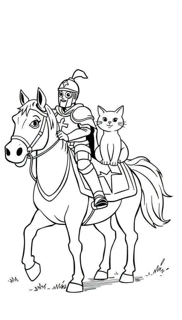 Een kleurplaat van een ridder in harnas en een vrolijke kat samen op een vriendelijk paard.