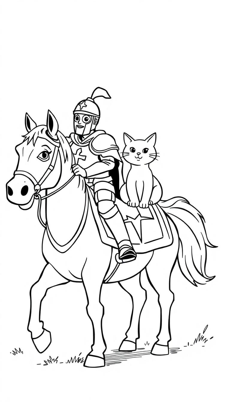 Een kleurplaat van een ridder in harnas en een vrolijke kat samen op een vriendelijk paard.