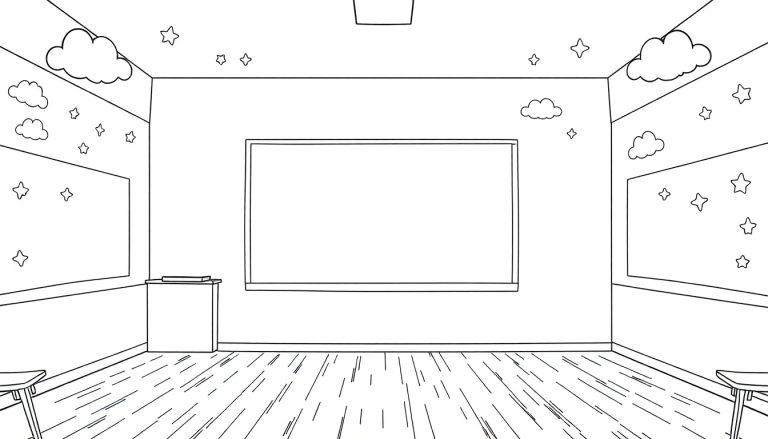 Een kleurplaat van een klaslokaal met een groot bord, een lessenaar en sterren en wolken op de muren.