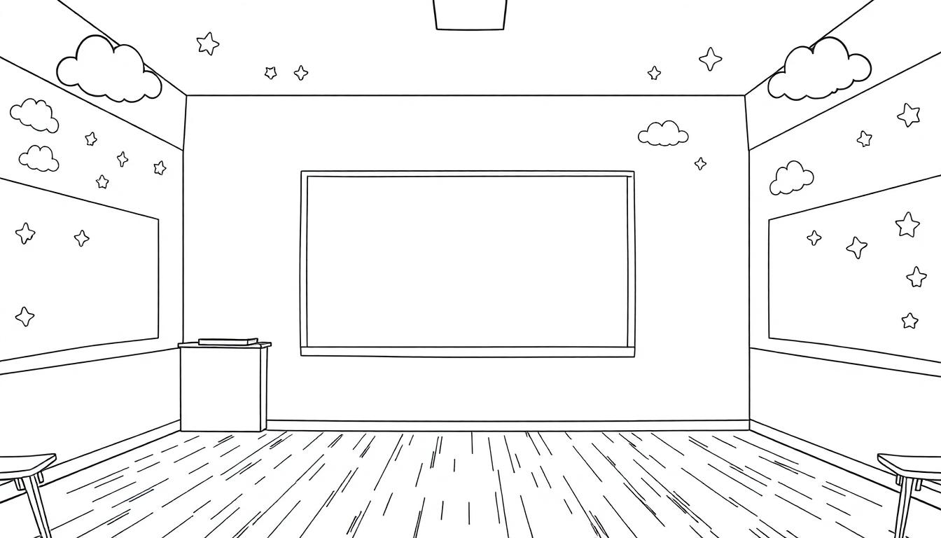 Een kleurplaat van een klaslokaal met een groot bord, een lessenaar en sterren en wolken op de muren.