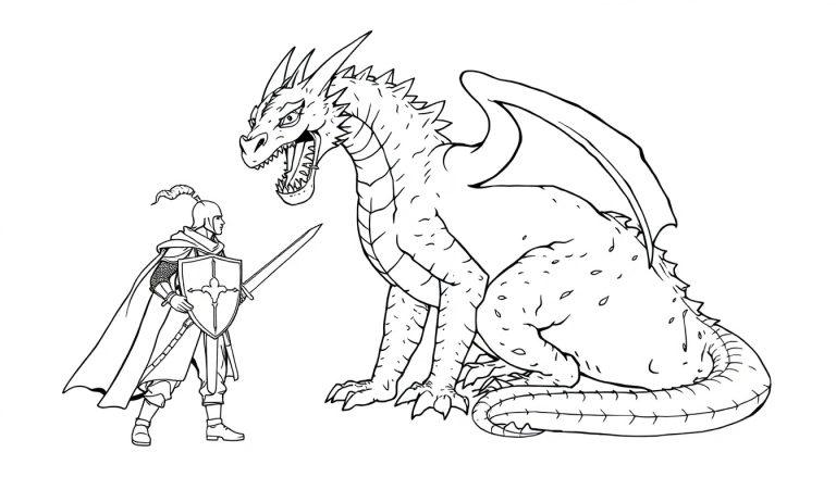 Kleurplaat van een ridder in harnas die tegen een enorme draak met vleugels en tanden vecht.
