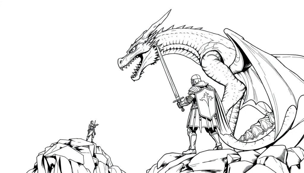 Kleurplaat van een ridder die tegen een grote draak vecht.
