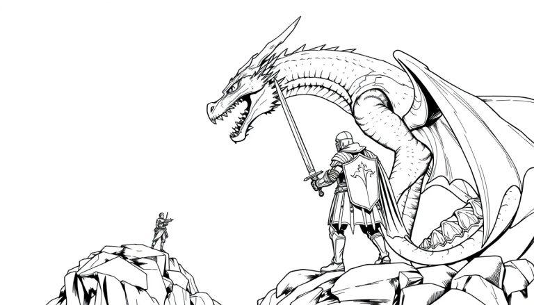Kleurplaat van een ridder die tegen een grote draak vecht.