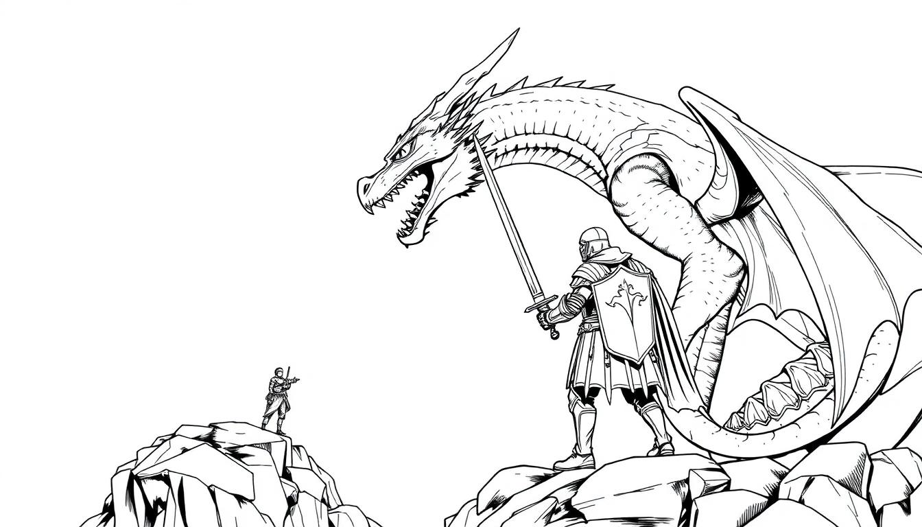 Kleurplaat van een ridder die tegen een grote draak vecht.