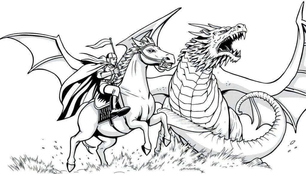 Kleurplaat van een ridder die vecht tegen een enorme draak in een dramatische scène.