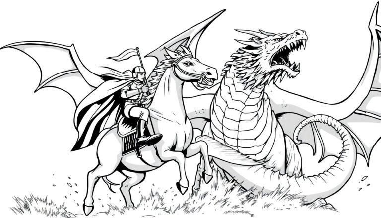 Kleurplaat van een ridder die vecht tegen een enorme draak in een dramatische scène.