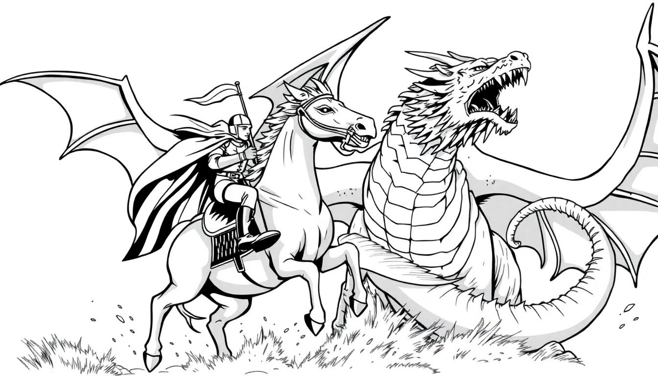 Kleurplaat van een ridder die vecht tegen een enorme draak in een dramatische scène.