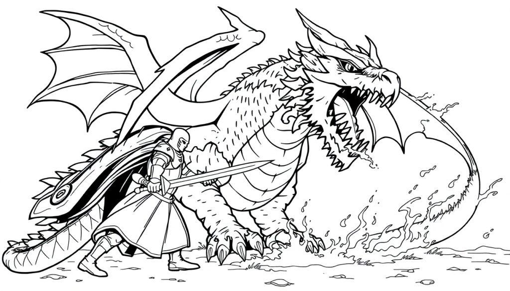 Kleurplaat van een ridder in harnas met een groot zwaard die het opneemt tegen een angstaanjagende draak.