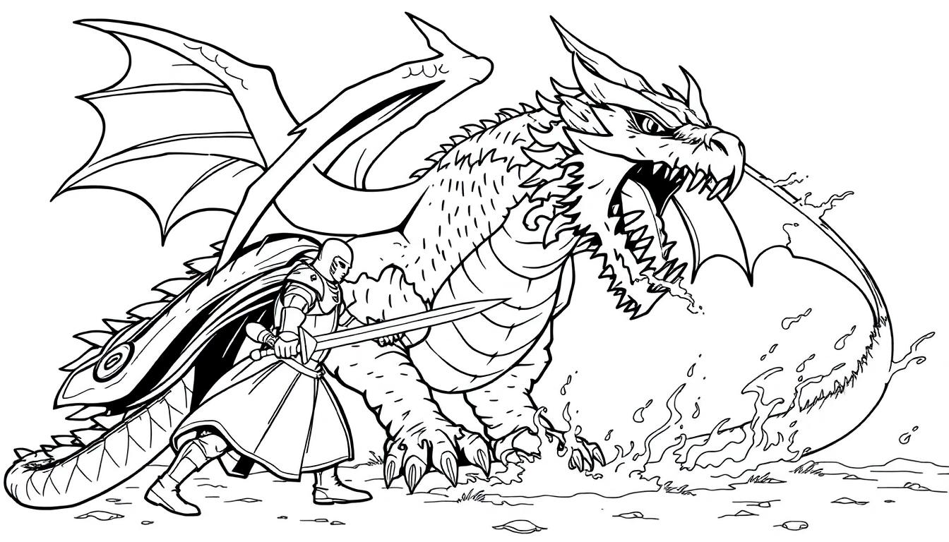 Kleurplaat van een ridder in harnas met een groot zwaard die het opneemt tegen een angstaanjagende draak.