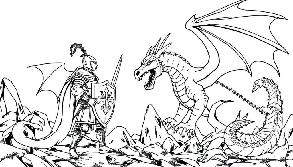Kleurplaat van een ridder in harnas die met een zwaard en schild tegen een grote draak vecht in een rotsachtig landschap.