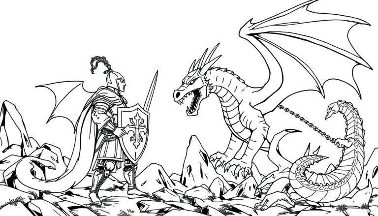 Kleurplaat van een ridder in harnas die met een zwaard en schild tegen een grote draak vecht in een rotsachtig landschap.