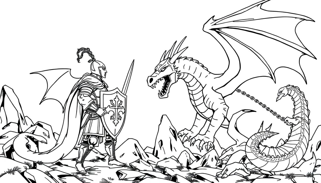 Kleurplaat van een ridder in harnas die met een zwaard en schild tegen een grote draak vecht in een rotsachtig landschap.