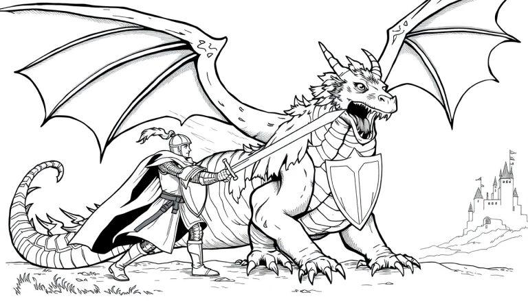 Kleurplaat van een ridder die met een groot zwaard vecht tegen een enorme draak bij een kasteel.