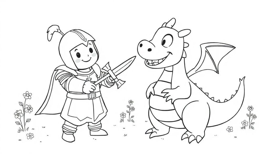 Een kleurplaat met een vrolijke ridder en een vriendelijke draak omringd door bloemetjes.