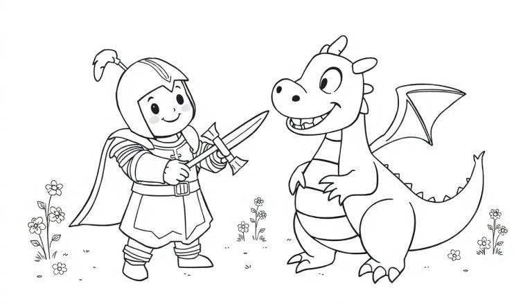 Een kleurplaat met een vrolijke ridder en een vriendelijke draak omringd door bloemetjes.