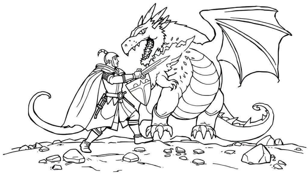 Kleurplaat van een ridder die vecht tegen een grote draak in een rotsachtige omgeving.
