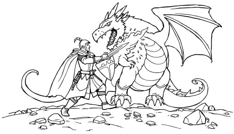 Kleurplaat van een ridder die vecht tegen een grote draak in een rotsachtige omgeving.