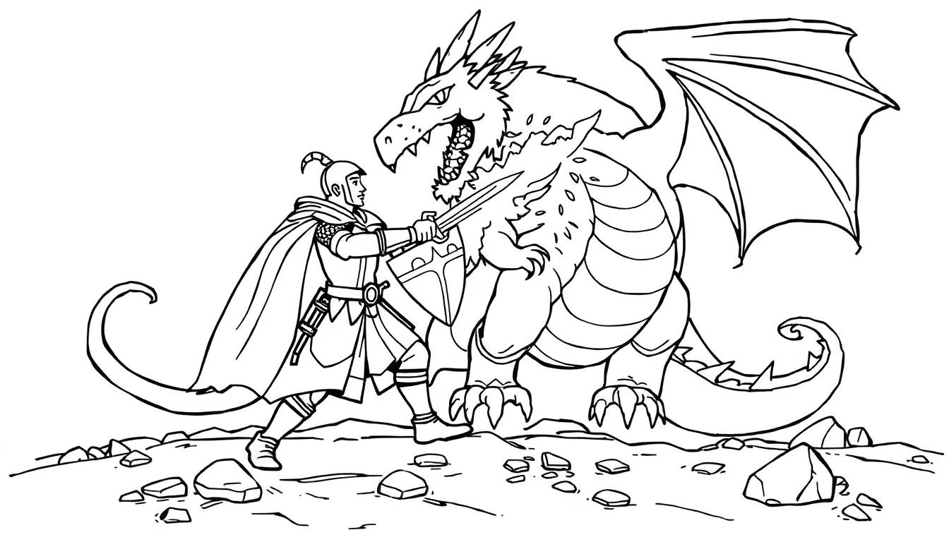Kleurplaat van een ridder die vecht tegen een grote draak in een rotsachtige omgeving.