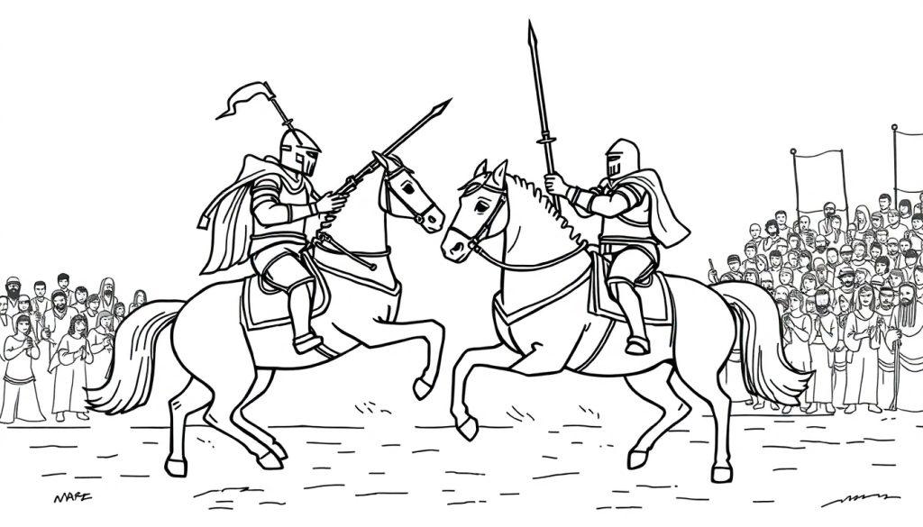 Middeleeuwse kleurplaat van twee ridders op paarden in een gevecht tijdens een steekspel, met een juichende menigte op de achtergrond.