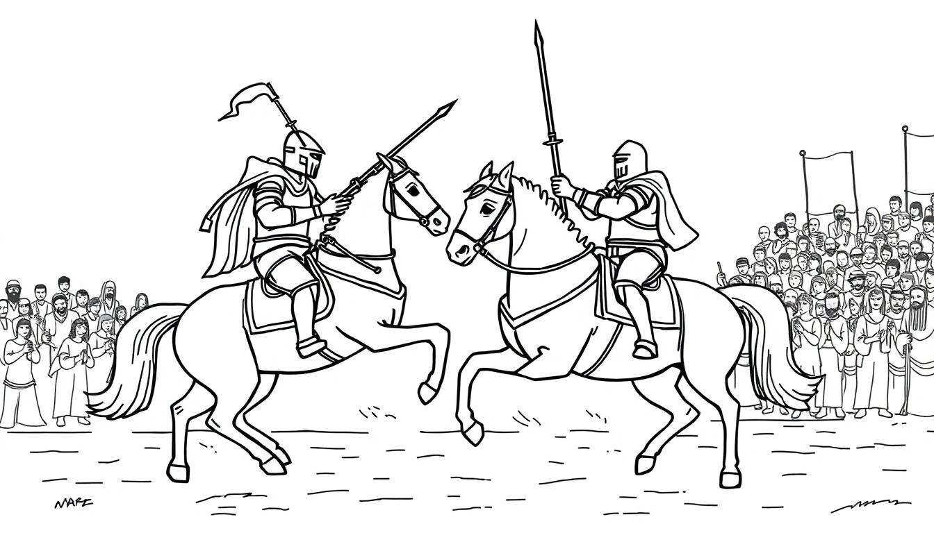 Middeleeuwse kleurplaat van twee ridders op paarden in een gevecht tijdens een steekspel, met een juichende menigte op de achtergrond.