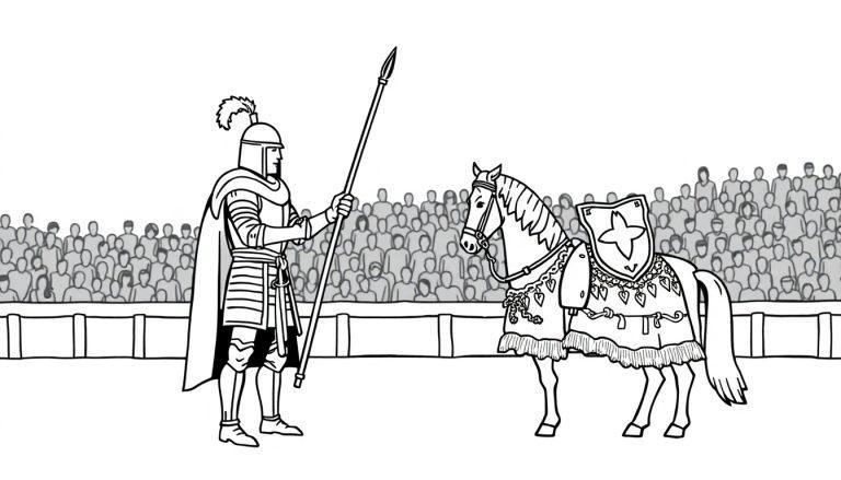 Kleurplaat van een ridder in harnas met speer naast een versierd paard.