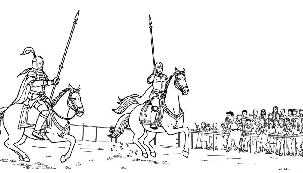 Kleurplaat van twee ridders te paard tijdens een middeleeuws steekspel, met toeschouwers op de achtergrond.