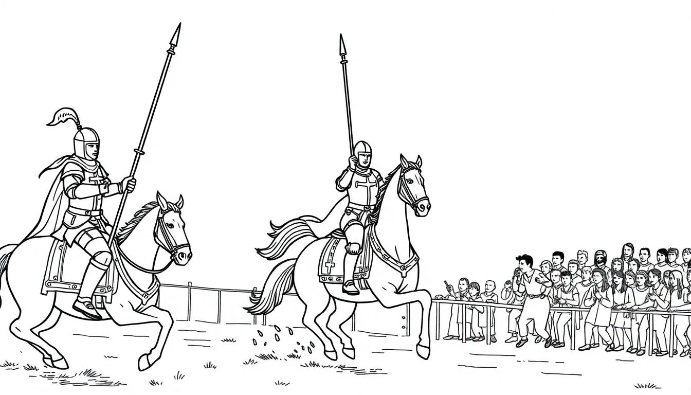 Kleurplaat van twee ridders te paard tijdens een middeleeuws steekspel, met toeschouwers op de achtergrond.
