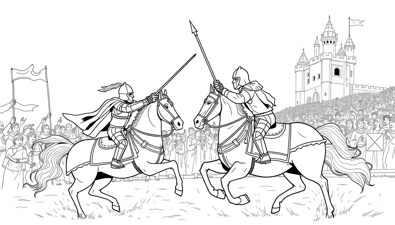 Middeleeuws riddertoernooi kleurplaat met ridders op paarden en een kasteel op de achtergrond.
