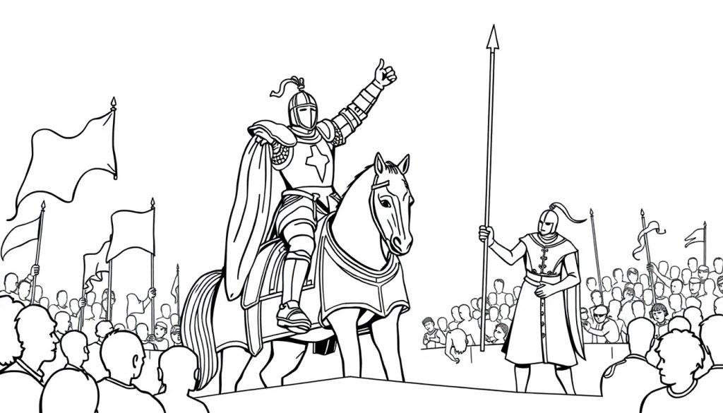 Een middeleeuwse kleurplaat met een ridder op een paard en een andere ridder met een speer.