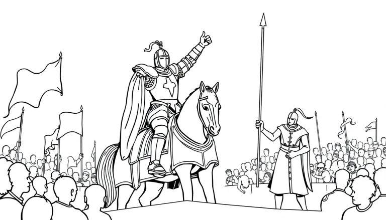 Een middeleeuwse kleurplaat met een ridder op een paard en een andere ridder met een speer.