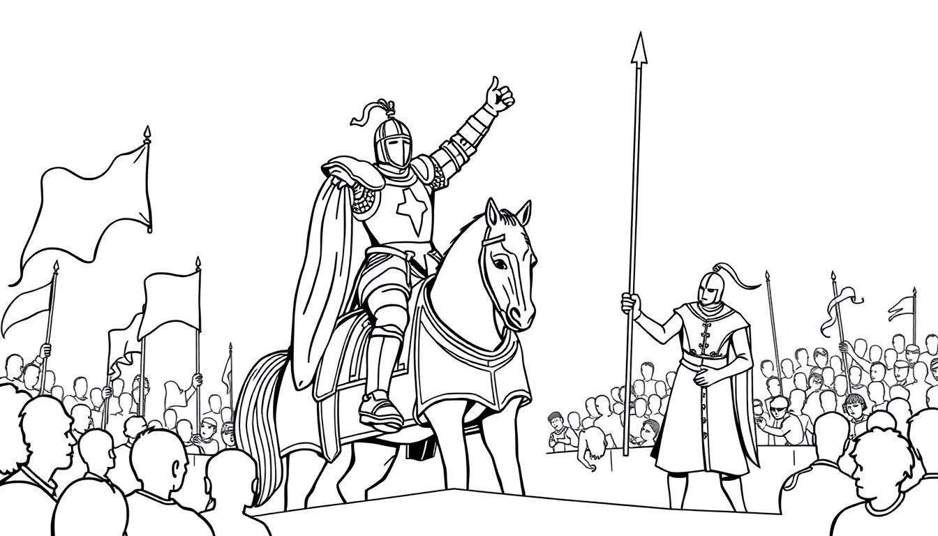 Een middeleeuwse kleurplaat met een ridder op een paard en een andere ridder met een speer.