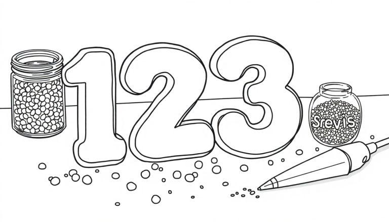 Een kleurplaat met een groot getal 123, twee potten met bolletjes, een penachtig object en verspreide bolletjes op de grond.