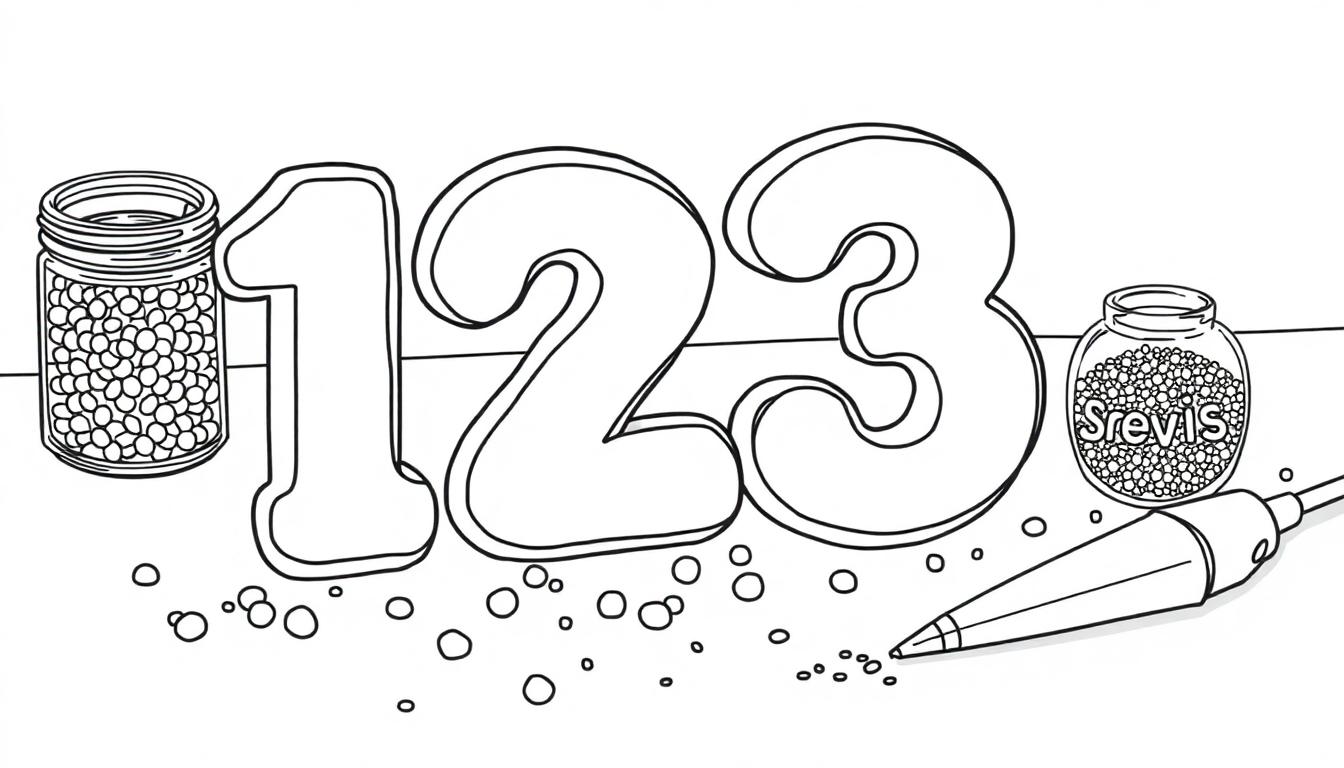 Een kleurplaat met een groot getal 123, twee potten met bolletjes, een penachtig object en verspreide bolletjes op de grond.
